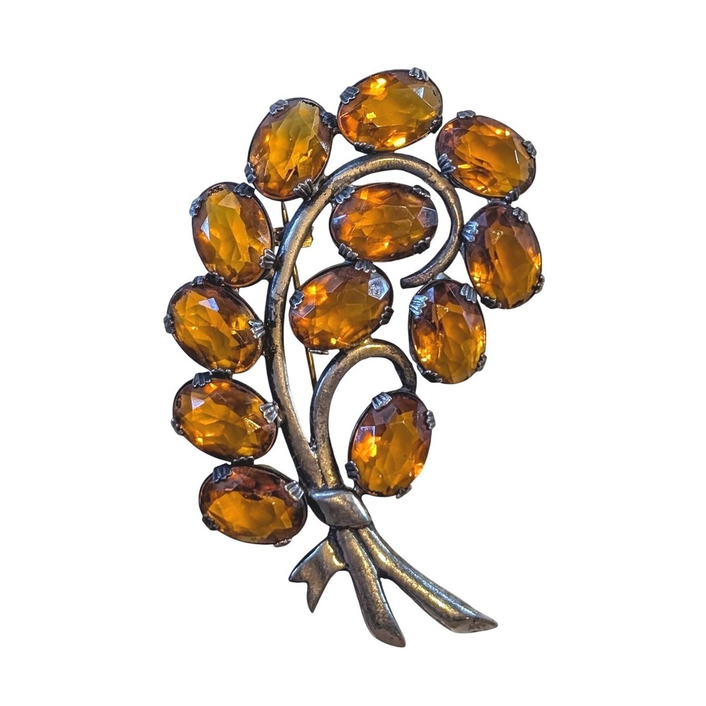 Vintage Signed Sterling Silver Orange Citrine Glass Flower Bouquet Pin Brooch 3"